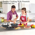 Non Stick 12 POTS and Pans Set, Cookware Set, Including Frying Pan, Steamer, Silicone Spatula and Tongs Granite Cooking Set (Black)