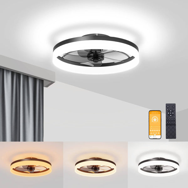 VOLISUN Low Profile Ceiling Fans with Lights and Remote, Fandelier Ceiling Fan Flush Mount 19.7inch, 3000K 6500K Smart Bladeless LED Fan Light